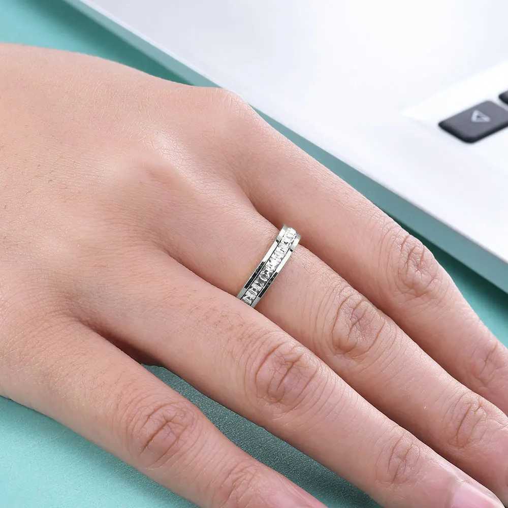 Rings VQYSKO Square Zircon Band Stainless Steel Ring White Zircon Engagement Party Accessories Geometric Couple Custom Ring N260924