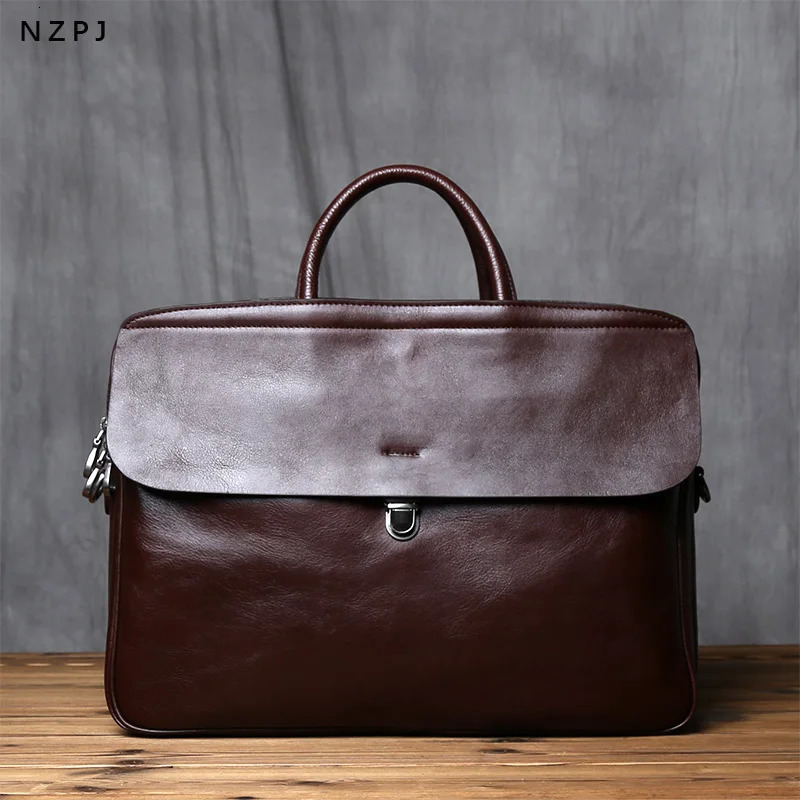 NZPJ Genuine Leather Men's Briefcase Vintage Natural Cowhide Handbag Large Capacity Crossbody Bag Casual Fashion Computer Bag 260920