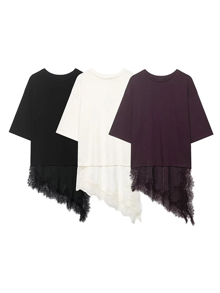 Womens Irregular Tshirts Solid Short Sleeve Loose Coquette Lace Spliced Tops Ladies Elegant Chic High Street Tee Fashion 260924