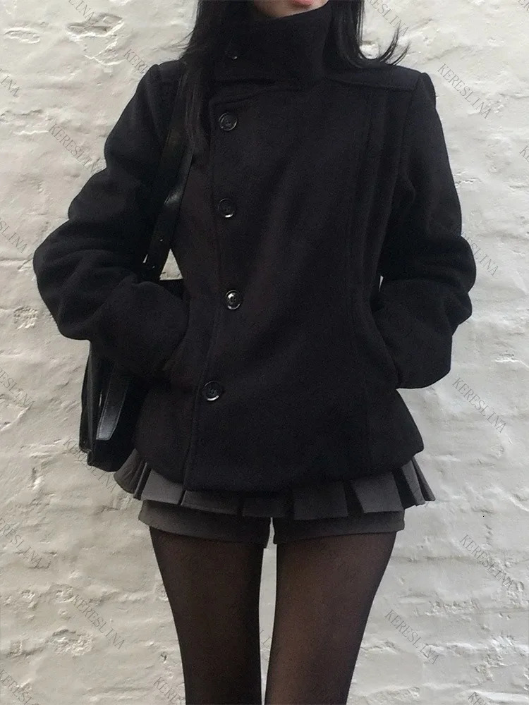 Y2K Goth Women Cropped Wool Coat Stand Collar Asymmetric Buttons Slim Fitted Solid Black Vintage Fall Winter Casual Outer Jacket 260924