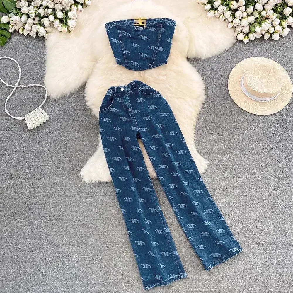 Women top and set Two Piece Pant Set Womens Fashion Suit Retro American Style Chesttop Denim Vest Twopieces Sets Casual Highwaisted Slimming 568