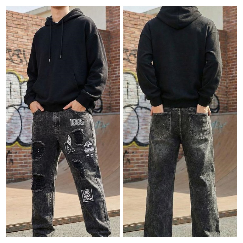 Men Multi Patch Ripped Distressed Denim Trousers Vintage Black Washed High Waist Button Zip Fly Loose Straight Streetwear Jeans Number Print Five Po