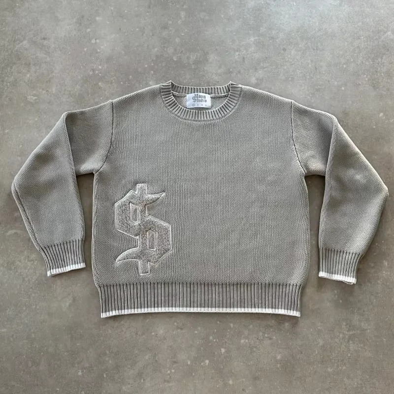 Y2K Grey Long Sleeve Sweater Dollar Gothic Embroidery Pullover Goth Retro Casual Streetwear Old Money Men Boxy Knitted Clothing 260920