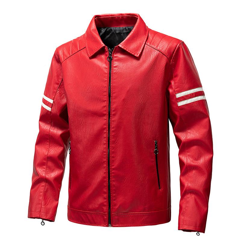 Men Lapel Collar Faux Leather Biker Jacket Classic Double White Striped Sleeves Full Zip Closure Zipper Detail Pockets Slim Casual Autumn Outerwear