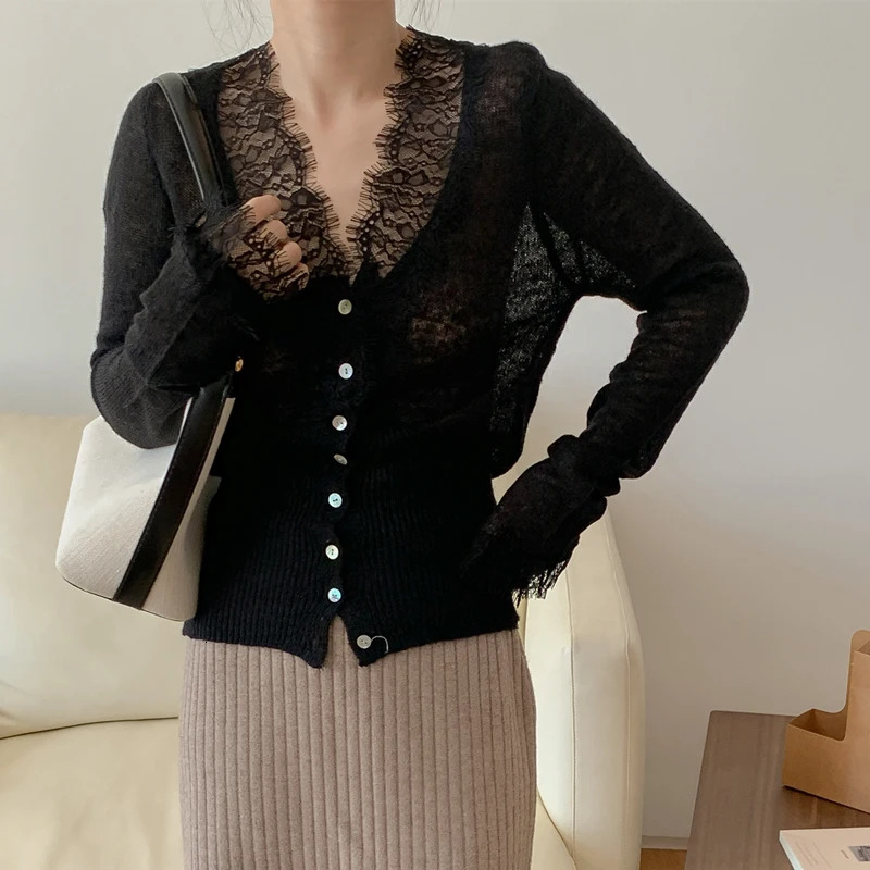 Black Lace Women Sweater Korean Elegant Knitted Slim Female Casual Cardigan Autumn Retro Patchwork V Neck Ladies Crop Tops 260928