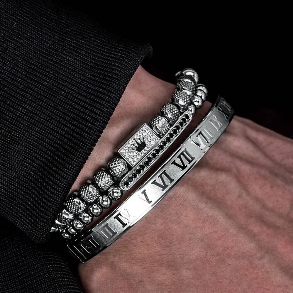 Charm Bracelet Decorative 3Pcs/Set Gold Royal King Crown Men Bracelets Roman Numeral Bracelet Unique Design Braided Adjustable Bangle Pulseira Jewle