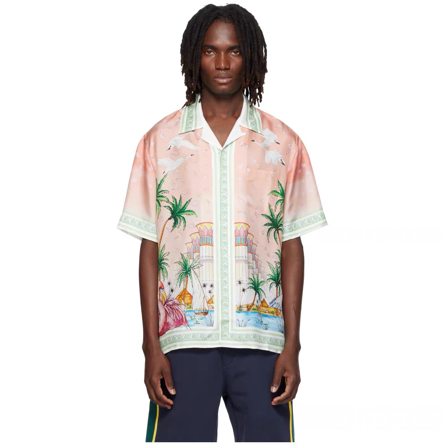2026 Casabalnc Niche Designer Summer Silk Casual Shirt Men Women Silk Short Sleeve Print Pattern Vacation Old Money Style Hawaiian Loose Cardigan Co