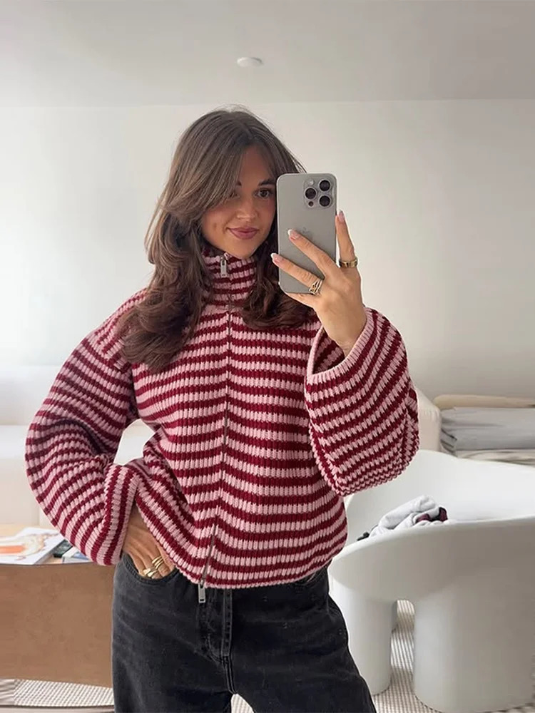 Loose Striped Women's Knit Cardigan Double Zipper Long Sleeve Stand Collar Female Sweater Autumn Winter Lady Lazy Knitwear 260920