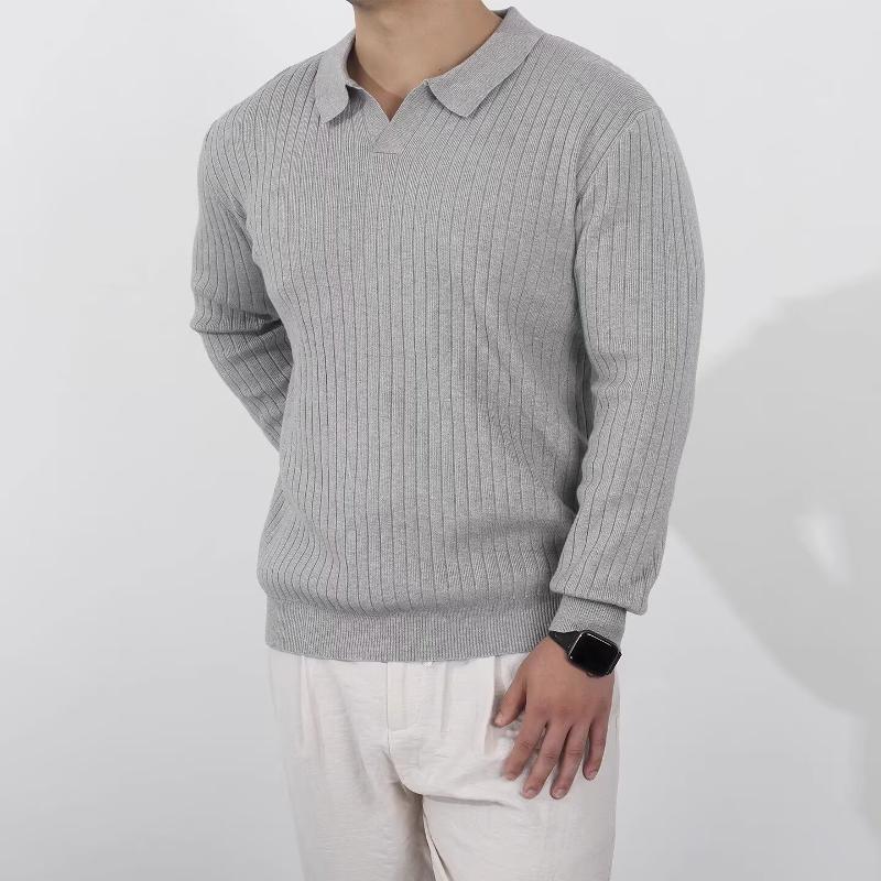 Men Vertical Striped Rib Knit Sweater Lapel V-neck Design Long Sleeve Slim Fit Knitted Pullover Minimalist Basic Top For Men Daily Layering
