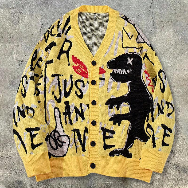 Veste tricotée à col en V avec motif dinosaure et manches longues boutonnée, coupe ample, pull élégant au design graffiti pour la rue et les sort