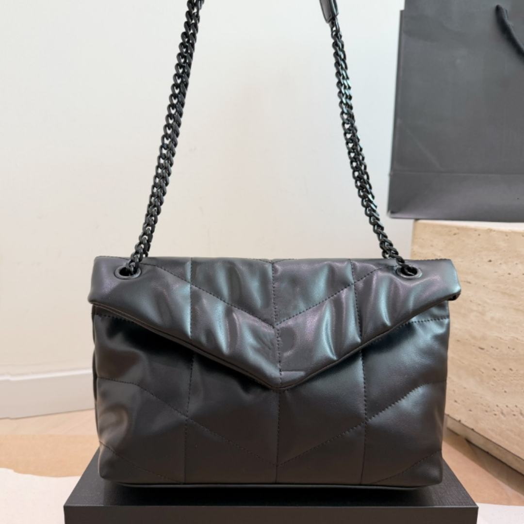 2026 new Fashion Women Quilted Puffer Shoulder Bag LouLou Luxury Metal Chain Crossbody Handbag Ladies Soft PU Leather Flap Shoulder Purse Shopping b