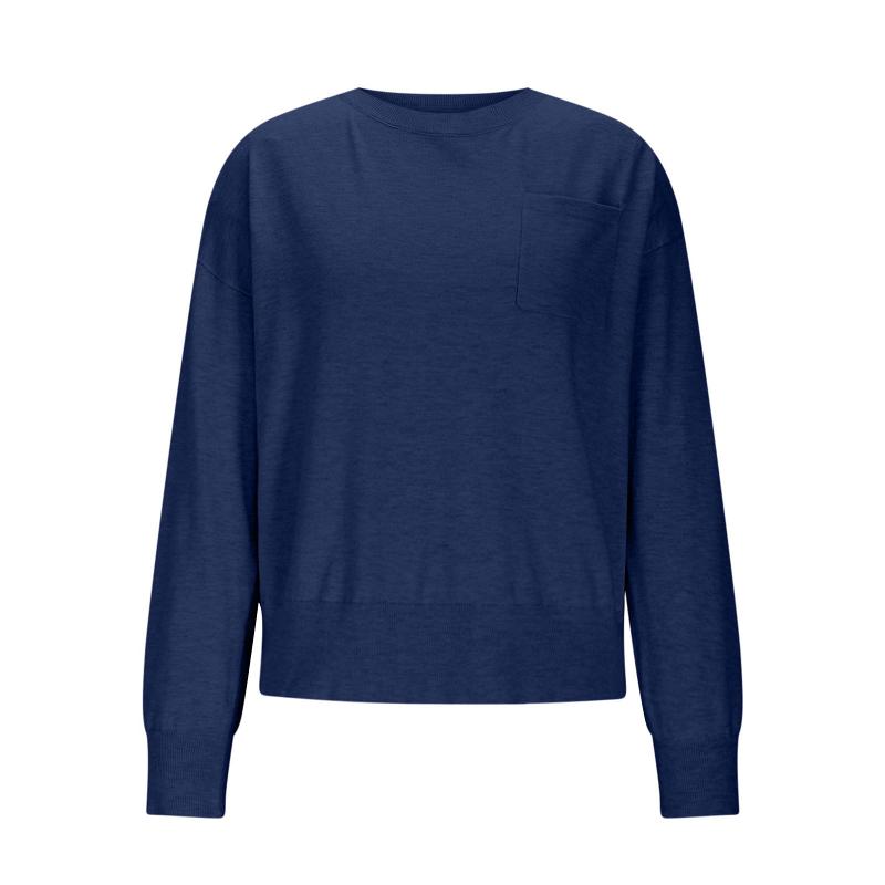 Pull surdimensionné à col rond pour femme, manches longues, épaules tombantes, poche poitrine, tissu tricoté doux et confortable, décontracté, lo
