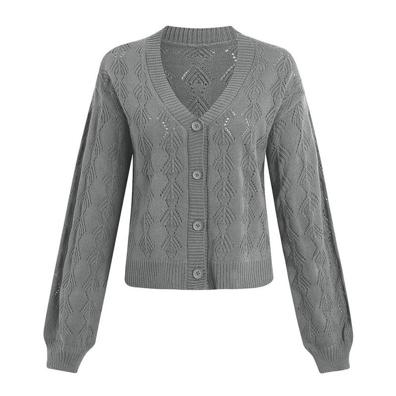 Women Hollow Knit Button Cardigan V Neck Lantern Long Sleeve Diamond Eyelet Pattern Lightweight Knit Sweater Casual Knitwear