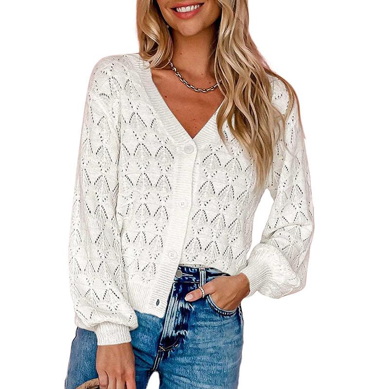 Women V Neck Hollow Knit Cardigan Long Sleeve Button Front Crochet Sweater Lantern Sleeve Casual Loose Fit Knit Coat For Daily Outfits