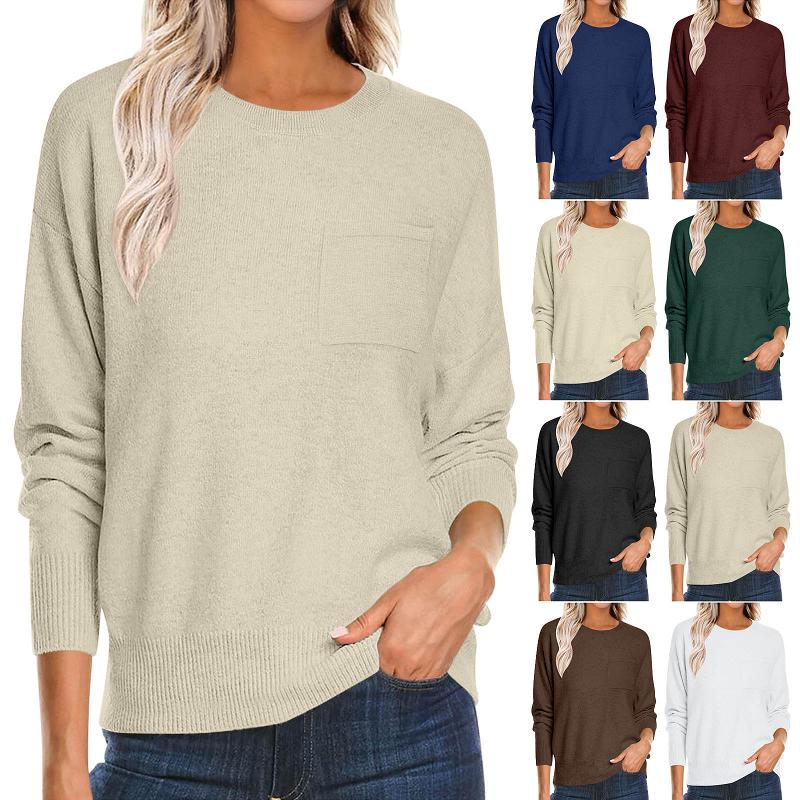 Pull en tricot ample à col rond pour femme, épaules tombantes, manches longues, poche poitrine, tissu tricoté doux et léger, tenues décontractées