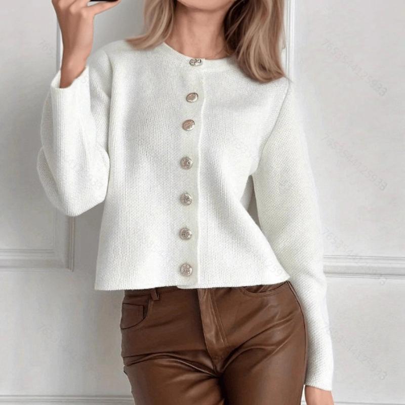 Cardigan en tricot à col rond pour femme, manches longues, boutons décoratifs sur le devant, silhouette ajustée, tissu tricoté à texture fine, él
