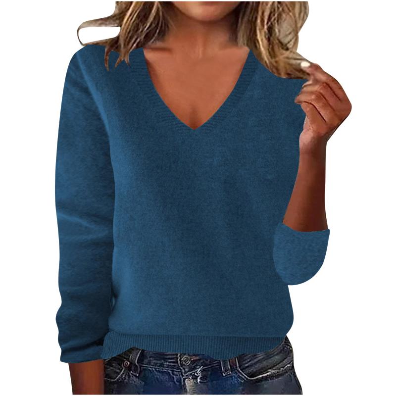 Ladies V Neck Knit Pullover Long Sleeve Close Fitting Knit Jumper Classic Basic Style Knit Top Suitable For Many Bottom Matching