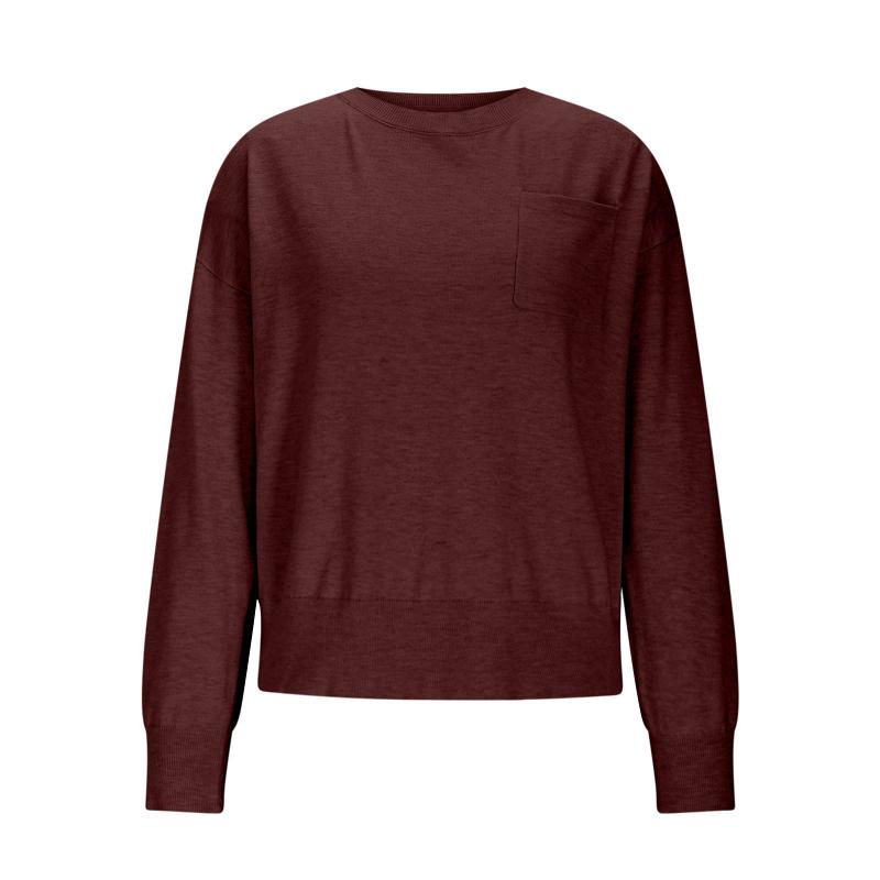 Pull en tricot pour femmes, épaules tombantes, col rond, manches longues, poche avant, tissu tricoté lisse, minimaliste, décontracté, pull de tou