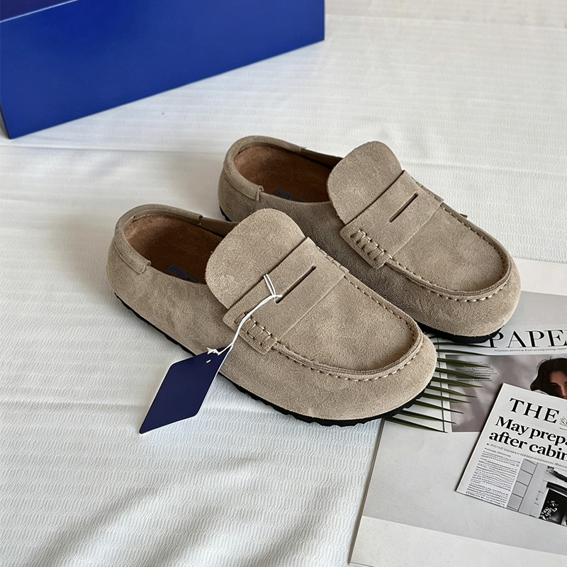Women Suede designer soft slipper high quality Leather Loafer Shoes men's Cork Footbed Rubber Outsole Comfort Casual Daily Shoes Gray black Sti