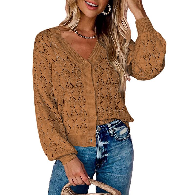 Lady Eyelet Crochet Knit Cardigan For Women Deep V Neck Button Closure Lantern Long Sleeve Lightweight Openwork Knitwear For Spring And Summer
