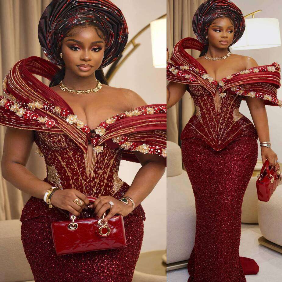 Aso Ebi Abito da ballo tubino bordeaux africano 2026 Fiori di perline Serata elegante per le donne nere Abiti da ricevimento formale per feste di co