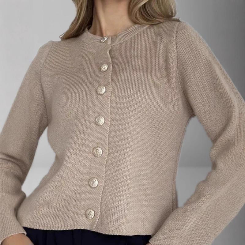 Veste tricotée à col rond pour femme, manches longues, simple boutonnage, fermeture à bouton, coupe cintrée, tricot doux, cardigan classique simp