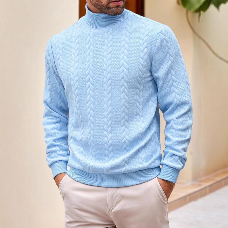 Pull en tricot torsadé à col montant pour hommes, manches longues, coupe régulière, motif de tresse torsadée verticale, tissu tricoté texturé, ou