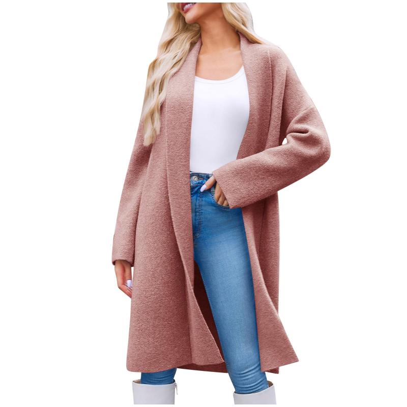 Manteau tricoté mi-long ouvert sur le devant pour femmes, manches longues à revers, épaules tombantes, pull texturé, Cardigan polyvalent, vêtemen