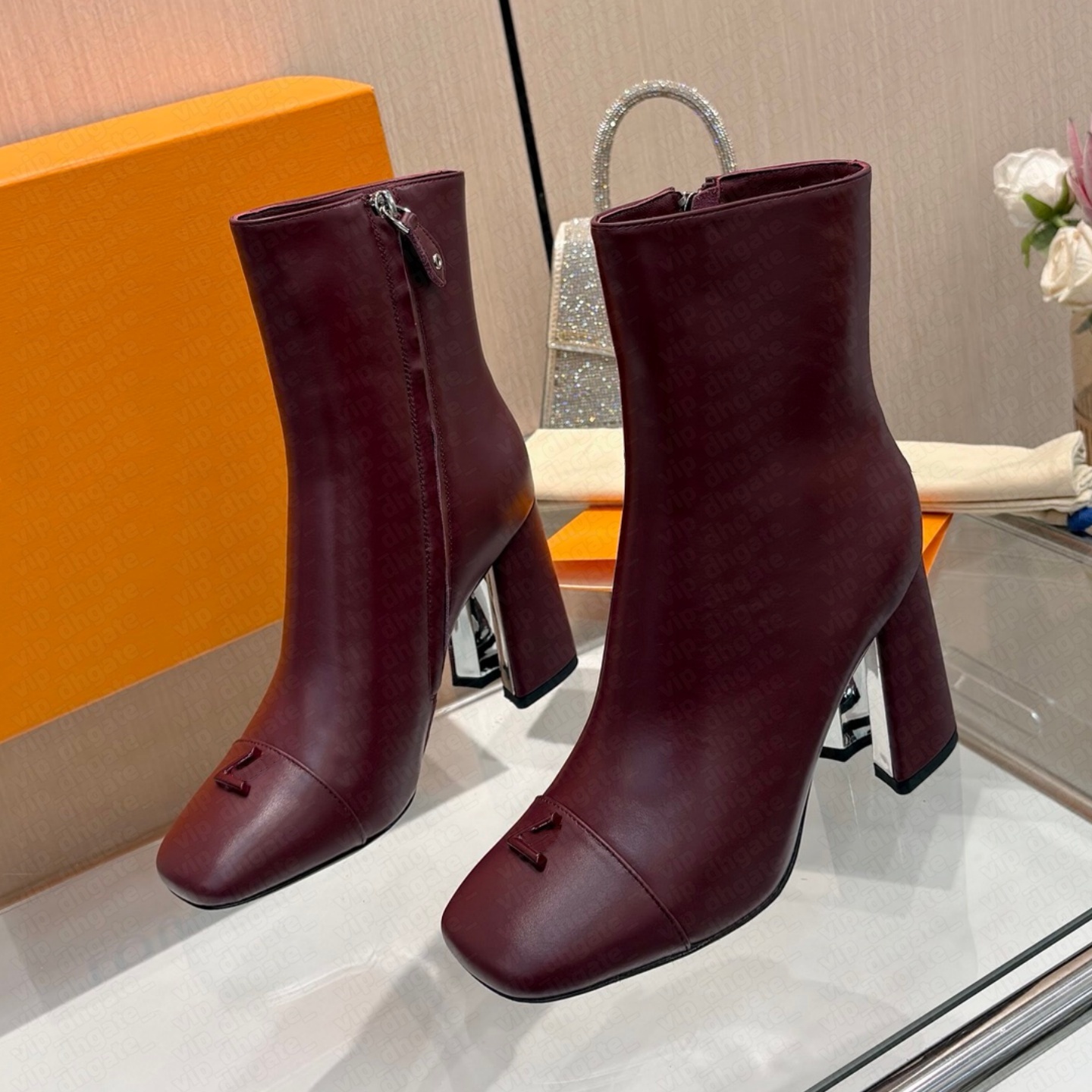 boot woman designer kitten heel point toe patent mirror zipper ankle luxury comfortable black white blue city party night strap buckle work office v