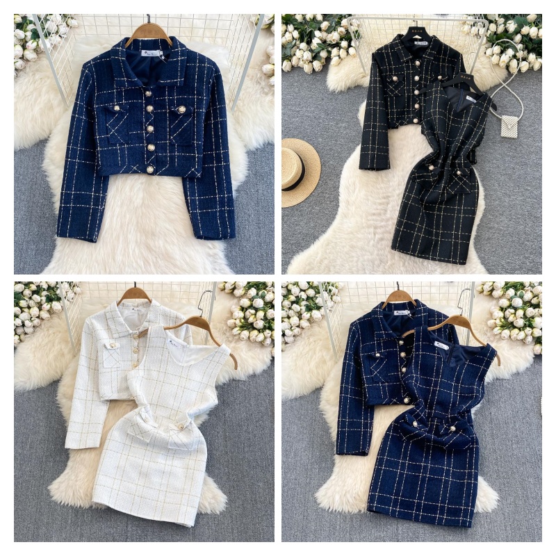 Tenue Chic en Tweed tissé pour femmes, tenue assortie, détails de poche, veste courte boutonnée sur le devant et Mini-robe sans manches avec ferm