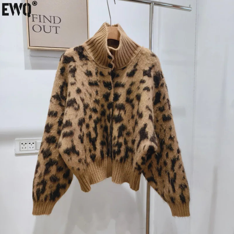 EWQ Casual Style Leopard Print Batwing Sleeve Sweater Coat For Women Autumn Winter Loose Single Breasted Knitted Outerwear 260924