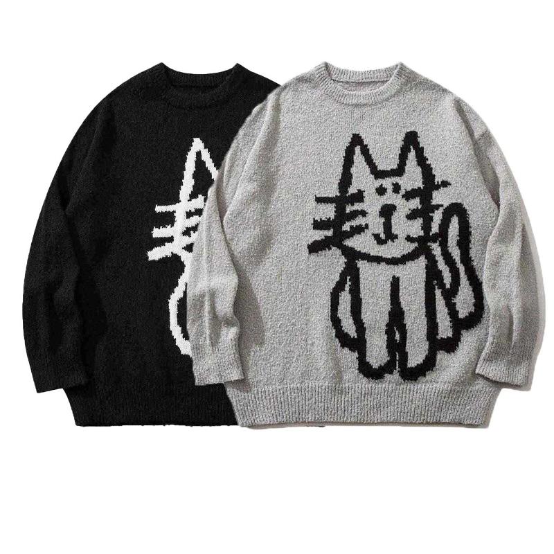 Pull en tricot pour homme avec motif de chat mignon, col rond, manches longues, épaules tombantes, pull surdimensionné, doux et confortable, pour
