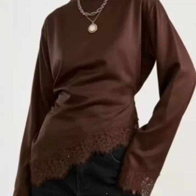 Haut en Satin de dentelle épissée pour femmes, élégant, col rond, manches longues, Design latéral froncé, tissu doux et brillant, polyvalent, hab