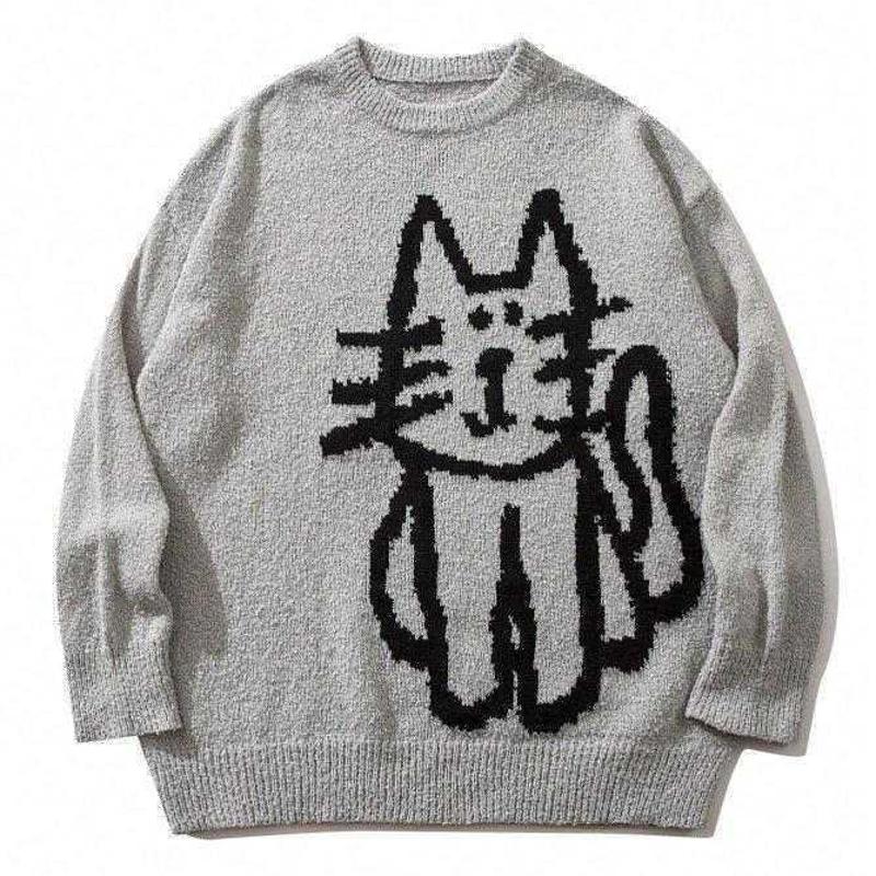Pull en tricot de chat de dessin animé texturé flou col rond à manches longues pull surdimensionné simple décontracté style de rue pull en tricot