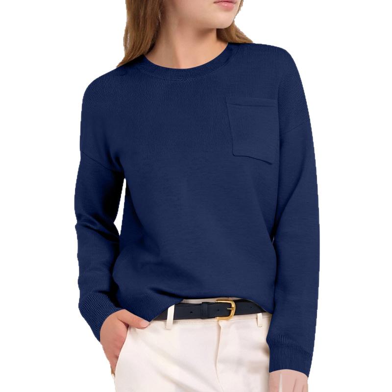 Pull tricoté à col rond pour femme, coupe décontractée, manches longues, poche poitrine, tricot doux et respirant pour le shopping et les loisirs