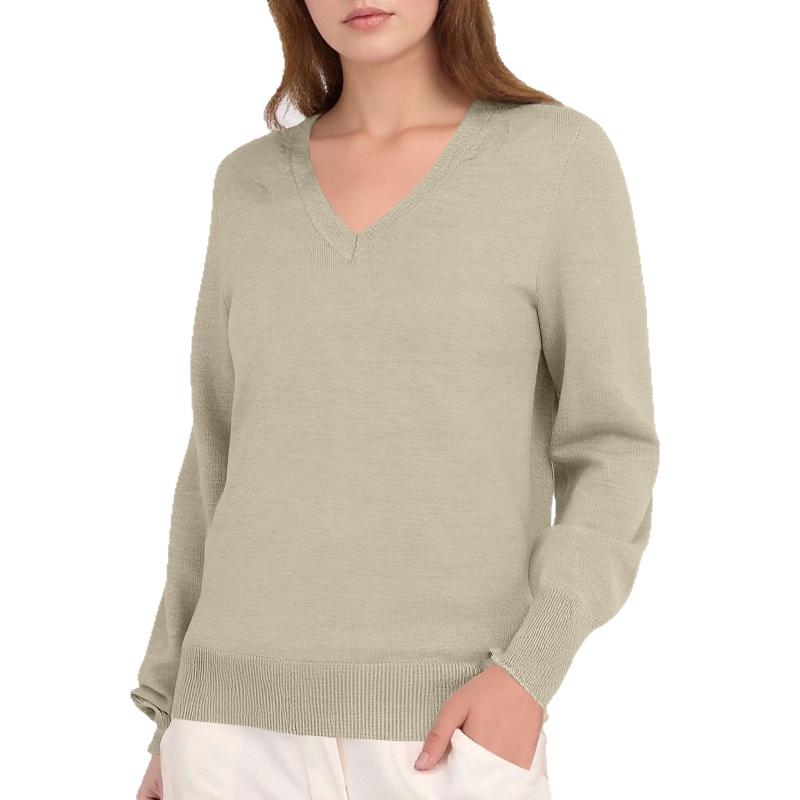 Pull tricoté à manches longues et col en V pour femme, bordure côtelée aux poignets et à l'ourlet, élégant pull en tricot minimaliste, haut doux