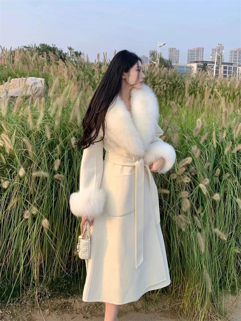 2025 Fox Fur Wool Overcoat Women's Long Coat Office Lady Elegant Double-sided Woolen Coat 2025 Cardigan Jackets Loose 260924