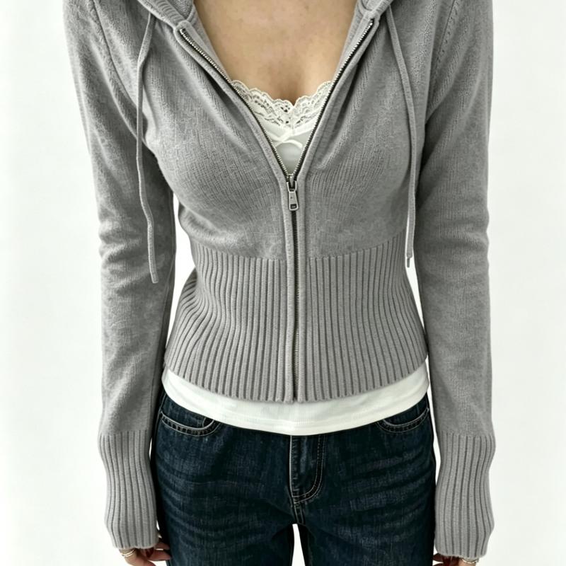 Cardigan à capuche en tricot côtelé vertical pour femme, manches longues, pull court, fermeture éclair complète sur le devant, poignets côtelés,