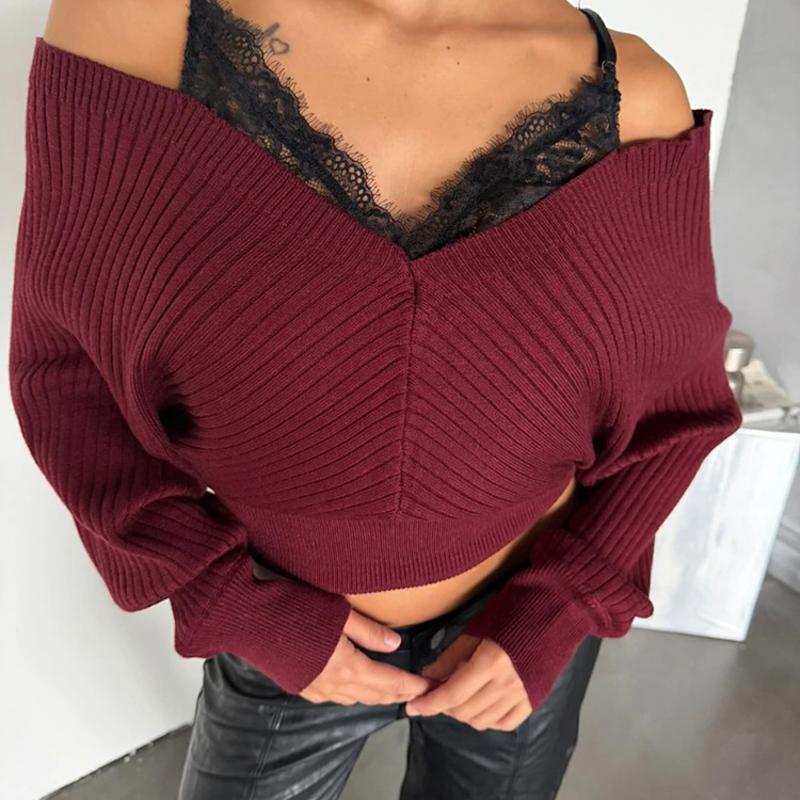 Pull en tricot côtelé pour femmes, élégant, épaules dénudées, col en V, garniture en dentelle, Camisole, manches longues, taille conique, tricot