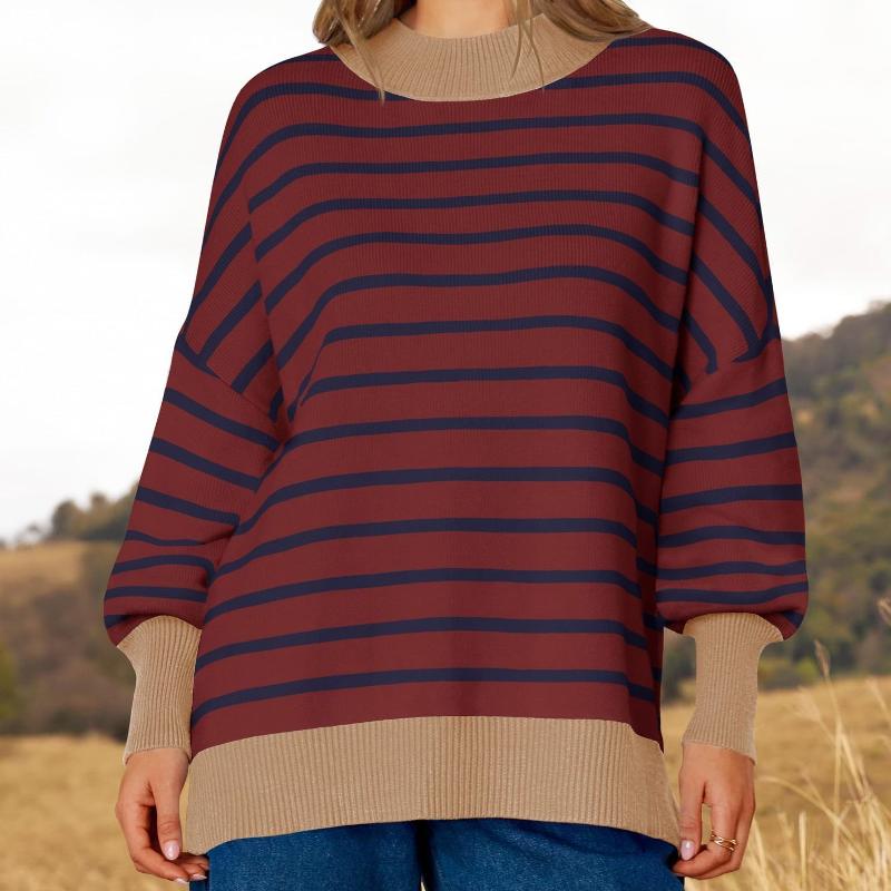 Women Oversized Drop Shoulder Striped Knit Sweater Mock Neck Long Sleeve Contrast Ribbed Cuffs Hem Relaxed Pullover For Everyday Casual Style