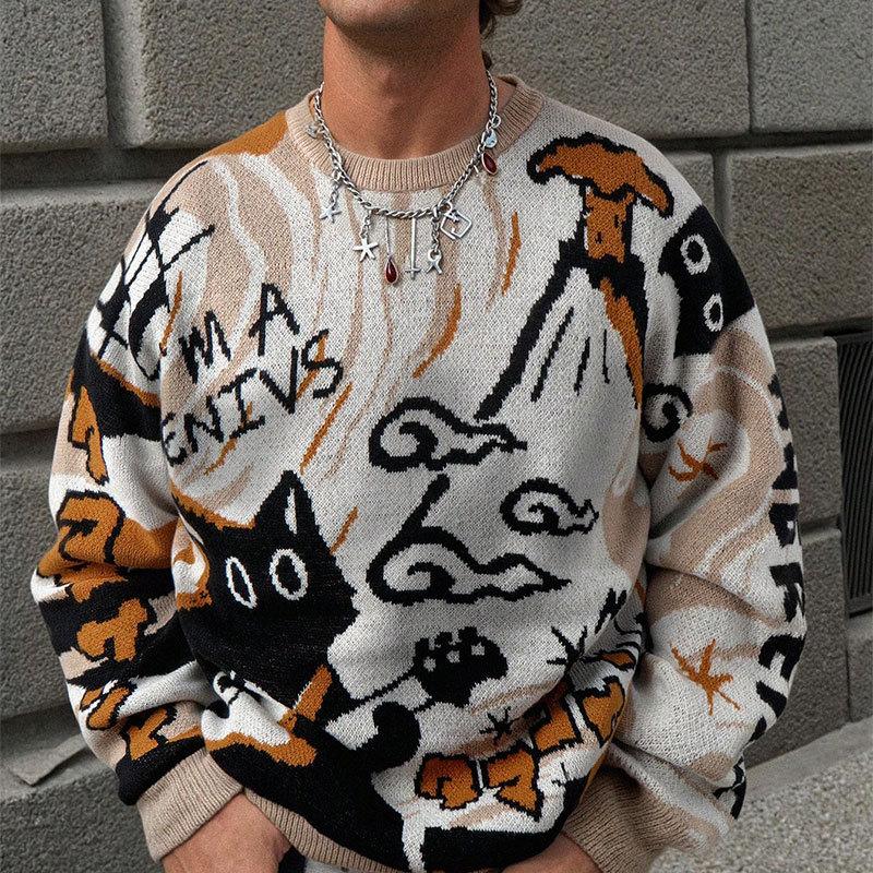 Pull en tricot jacquard avec lettres de chat de dessin animé, col rond, manches longues, ample, surdimensionné, tendance, streetwear, haut en tri