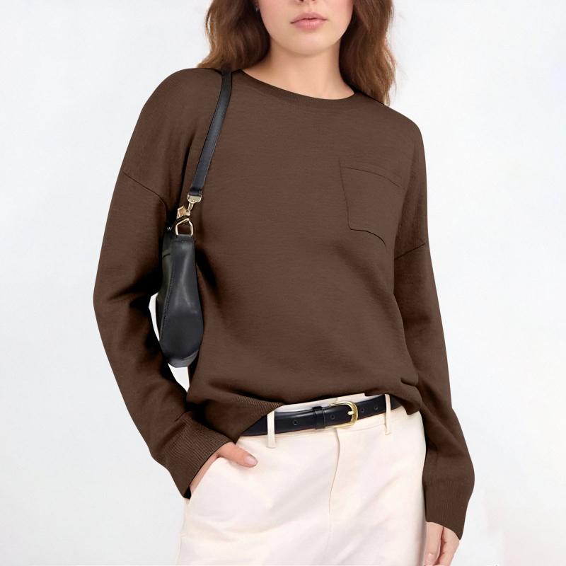 Pull tricoté décontracté à col rond pour femmes, manches longues, poche plaquée sur le devant, haut basique Simple, idéal pour le style de rue qu