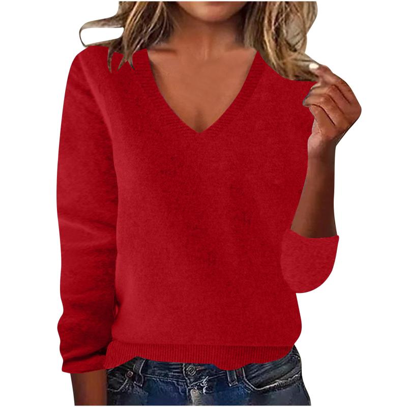 Pull tricoté à manches longues et col en V pour femme, coupe cintrée, avec bordure côtelée, pull en tricot solide, simple et élégant, couche exté