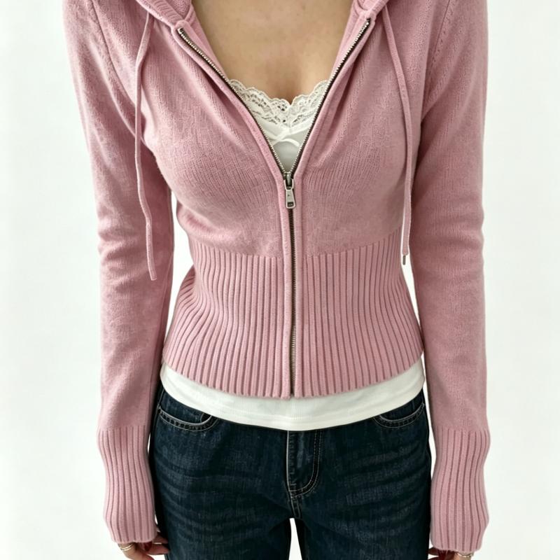 Pull à capuche avec fermeture éclair pour femme - Tissu tricoté côtelé vertical - Manches longues - Veste fine - Élastique - Texture douce pour l