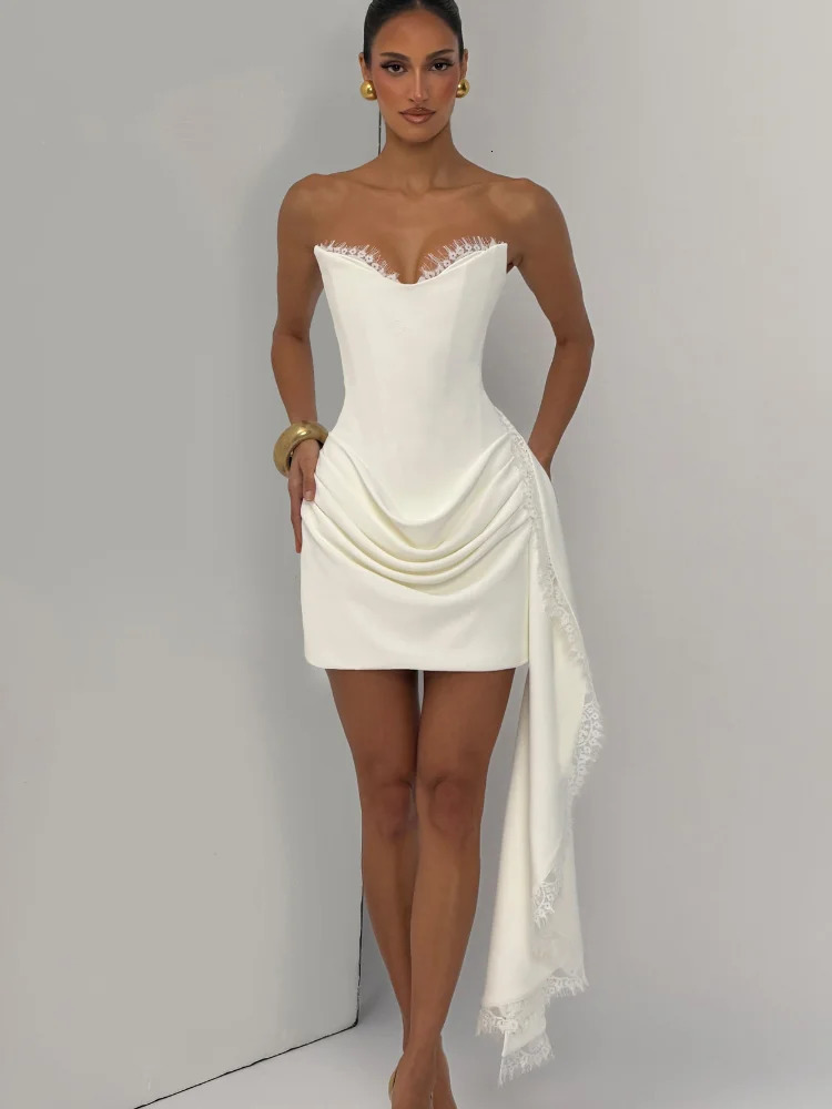 Women Lace Trim Patchwork Strapless Ribbon Bodycon Dress Sexy Ruched Pleated Backless Lace Up Short Dresses Evening Party Gowns 260924