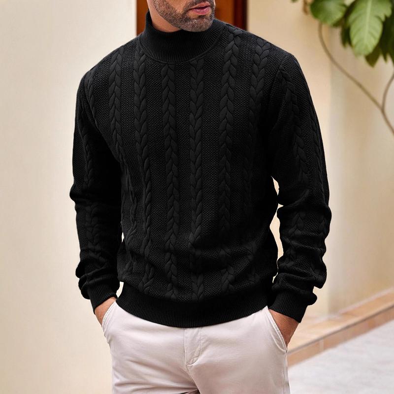 Pull à manches longues et col montant pour homme, tricot torsadé entièrement vertical, détails en tricot texturé solide, bordure côtelée sur l'ou