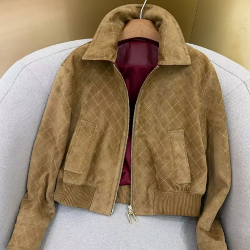 Luxury Women Sheepskin Vintage Jacket Lapel Neck Brown Cropped Coats Autumn Winter Street Style Y2K Chic Overcoat
