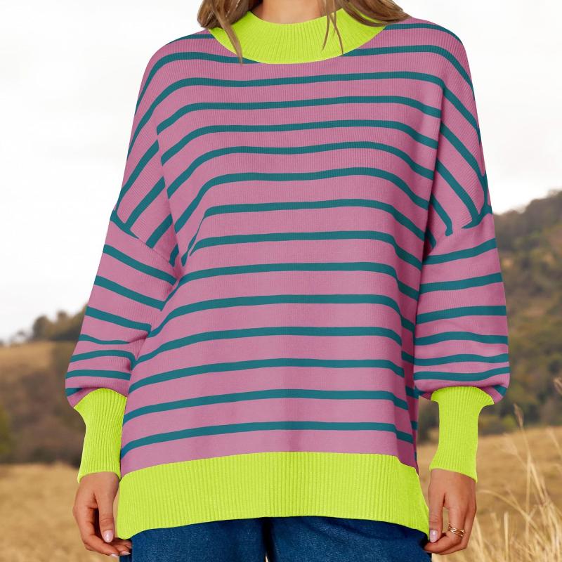 Pull en tricot à col montant pour femmes, motif à rayures horizontales, manches longues, conception de bord de bloc de couleur, haut en tricot am