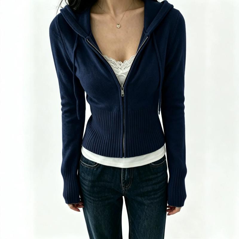 Cardigan en tricot à capuche avec fermeture éclair pour femme, texture côtelée verticale, manches longues, poignets côtelés, silhouette mince, tr