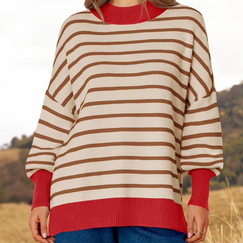 Pull tricoté à rayures, coupe décontractée, col montant, épaules tombantes, manches longues, ourlet contrasté, pull surdimensionné pour un look e